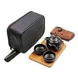 Juego de té portátil Gongfu para viaje, estilo chino / japonés, tetera de cerámica hecha a mano 2 tazas de té de bambú Teatray Bolsa Negro