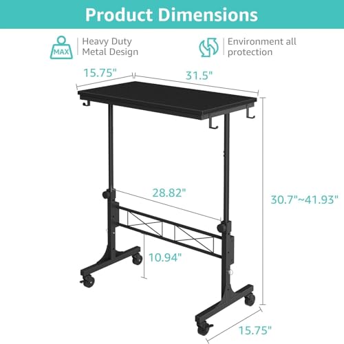 Image of WINAZ Small Portable Rolling Standing Desk - 32 Inch Adjustable Height Mobile Teacher Podium on Wheels for Classroom, Stand Up Desks for Treadmill Walking Pad, Couch Sofa Side Laptop Table, Black