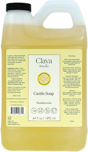 Claya Liquid Castile Soap with Organic Ingredients, Biodegradable, Gentle for Sensitive Skin, Versatile Use (64 fl oz, Frankincense)