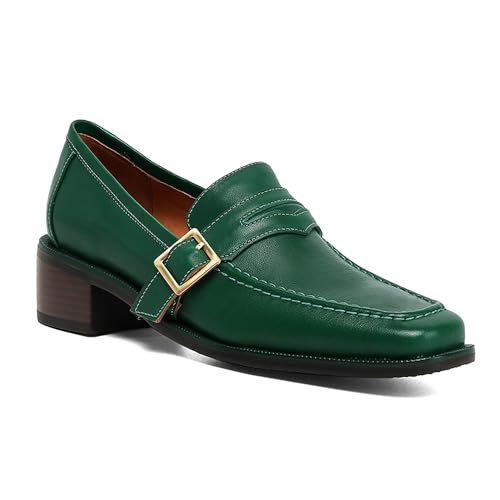 Image of MOOMMO Women Chunky Heel Penny Loafers Square Toe Buckle Slip On Comfort | Office Ladies Loafer Pumps 2 inch Stacked Block Heel Dress Loafers Oxfords Walking Dress Shoes Casual Size 4-11 M US