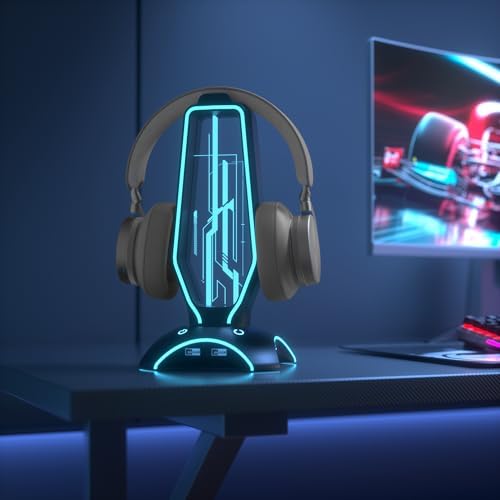 حامل سماعة راس للالعاب باضاءة RGB اسود مع 3 منافذ USB - 6 اضواء L...