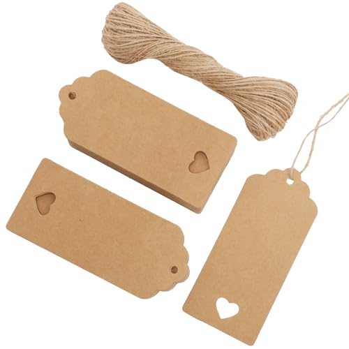 100 Pièces Etiquettes en Papier Kraft, 9 x 3,9 cm Etiquette Kraft avec Ficelle Jute de 20m pour Bricolage Emballage Cadeau de Noël Mariage Fête Artisanat