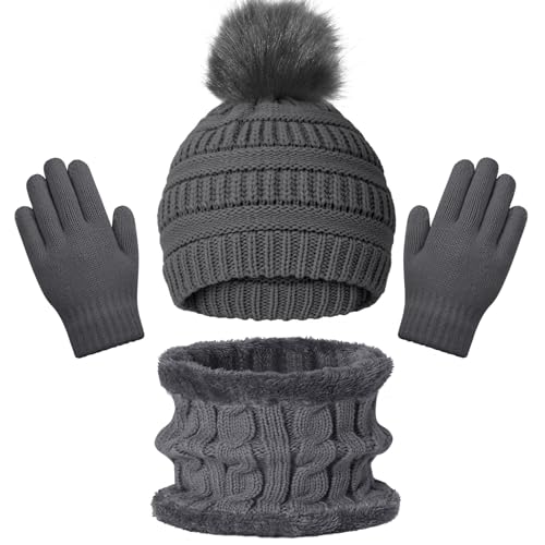 Image of Kids Winter Beanie Hat Scarf Gloves Set for 3-8 Years Old Boys Girls, Thick Warm Knitted Hat Gloves Fleece Lined Scarf Set