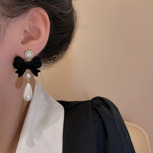 Bow Earrings for Women Pearl Stud Earrings Black Pearl Bow Dangle Drop Earring Trendy Flocking Tassel Jewelry Gifts for Women3
