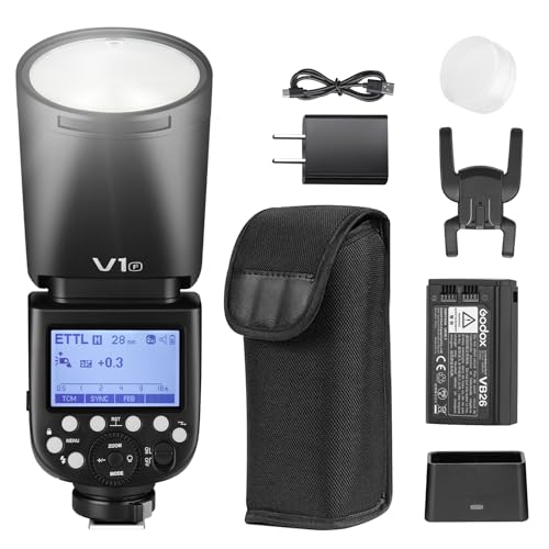 Godox V1F Flash Speedlite, 76Ws 2.4G Synchronisation Haute Vitesse 1/8000s Tête Ronde Speedlight pour Appareil Photo Fuji(V1-F)