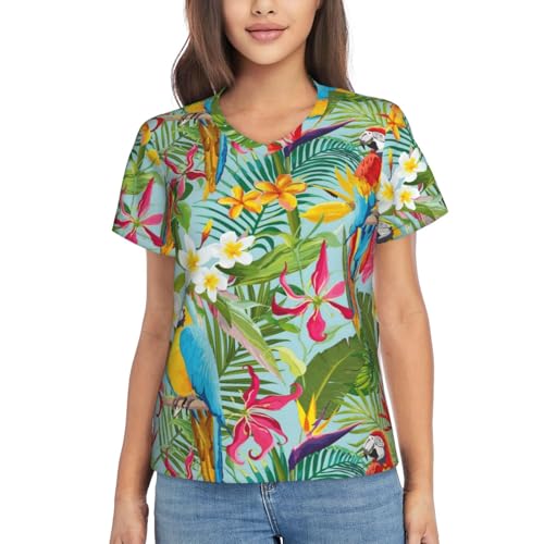 FSCEV Tropical Plants and Parrots T-shirt classique à col en V pour femme, coupe classique, manches courtes, convient pour la course quotidienne, Noir , L