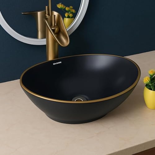 Image of Modern Designer Ceramic Wash Basin, Table Top Vessel Sink for Bathroom, Hotel & Home, Elegant Over Counter Vanity Basin, 16 x 13 x 5.5 Inch