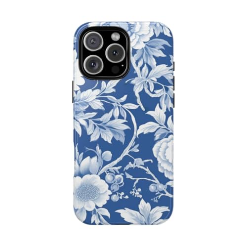 Coque brillante iPhone 16 Pro Max motif floral bleu et blanc premium antichoc