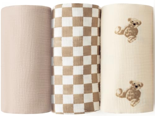 Image of Little Jump Muslin Swaddle Blanket Baby - 40" x 47" Large Cotton Swaddling Blanket Soft Neutral 3 Pack (Coffee Checkered & Khaki & Teddy Bear)