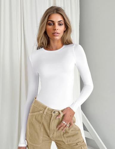 Ekouaer Women's Long Sleeve Shirts Tight Fitted Tops Crewneck Underscrubs Tee Lightweight Basic Thermal Undershirts White L - 2