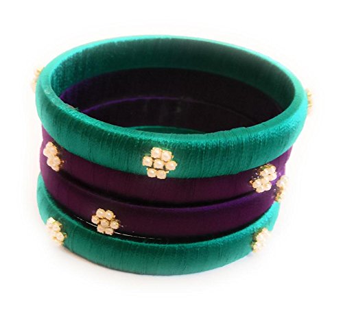 Arty Crafty Peacock Green and Voilet Silk Thread bangles set of 4 for women