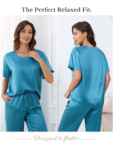 Image of THXSILK Mulberry Silk Womens Pajama Set with Pocket, 2 Piece Lounge Sets for Women, Short Sleeve Sleepwear