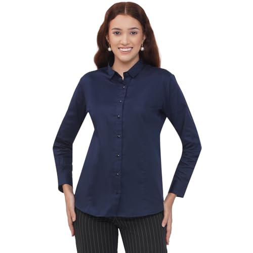 Image of Women's Cotton Solid Long Sleeve Shirt - Formal & Casual Button-Down Long Sleeve Collared Top for Office, Workwear 100% Soft Breathable Cotton Fabric