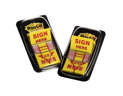 Image of Post-it Message Flags, Sign Here, 50Dispenser, 2 DispensersPack, 1 in Wide, Yellow (680-SH2).