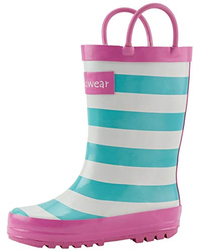 OAKI Toddler Rain Boots - Perfect Kids Rain Boots for Any Weather - Durable Rubber Baby Rain Boots Keep Little Feet Dry, Lightweight Waterproof, Mint, White & Pink Stripes, 6T Toddler