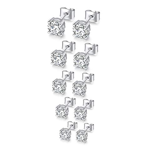 Fosir Womens Mens 18K White Gold Plated Round Clear Cubic Zirconia Stud Earrings(5 Pairs) #TOP1