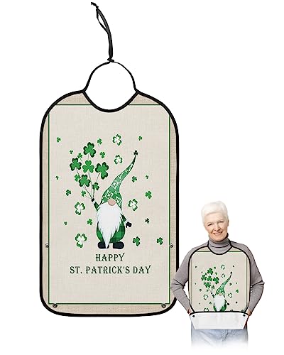 St. Patrick's Day Adult Bibs for Eating, Waterproof Bibs with Food Catcher & Adjustable Snap Closure, Green Board Lucky Clover Gnomes Washable Clothing Protectors Adult Bibs for Elderly Women/Men