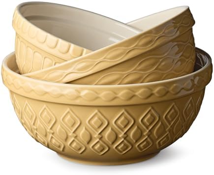 Vintage Farm Stoneware Mixing Bowl Set, 3-Piece, Includes 2 Qt, 3 Qt & 4.25 Qt Bowls, Embossed Patterns in Golden-Honey Finish, Durable & Nesting Design, Perfect for Mixing, Baking & Serving