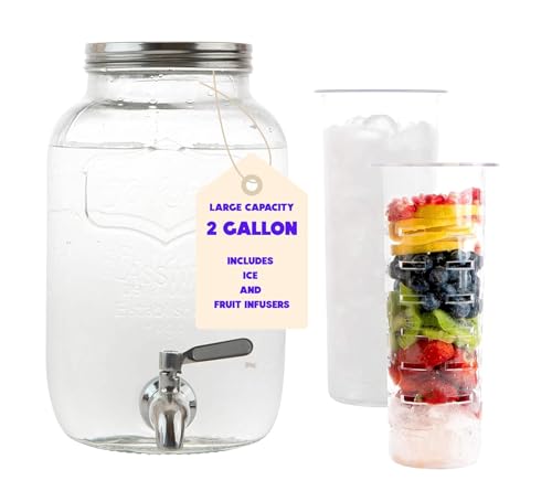 2 Gallon Glass Beverage Dispenser with Ice and Fruit Infusers, Stainless Steel Spigot and Metal Lid, Wide Mouth Mason Jar Drink Dispenser, for Iced Tea, Kombucha Brewing and more