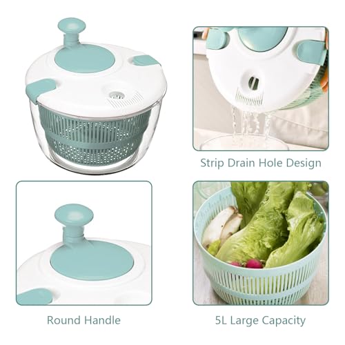 Lizbin Salad Spinner, Large Salad Spinner 5L Capacity, Quick and Easy Multi-Use Manual Lettuce Spinner, Vegetable Dryer, Fruit Washer, Wash, Spin & Dry Salad Greens, Fruits & Vegetables (Blue) - Image 3