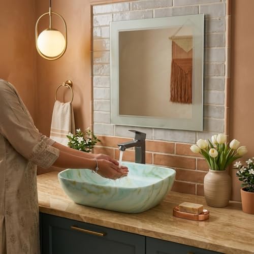 Image of Ceramic Tabletop Wash Basin - Glossy Rectangular Countertop Vessel Sink with Marble Finish for Bathroom & Vanity | Compact 18 x 13 x 5 Inch | Elegant Washbasin