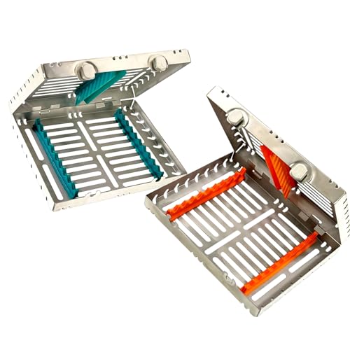 Double-Button, Detachable Sterilization Cassettes with Removable Silicone Inserts, Pack of 2, Green & Orange - for 10 Veterinary Instruments