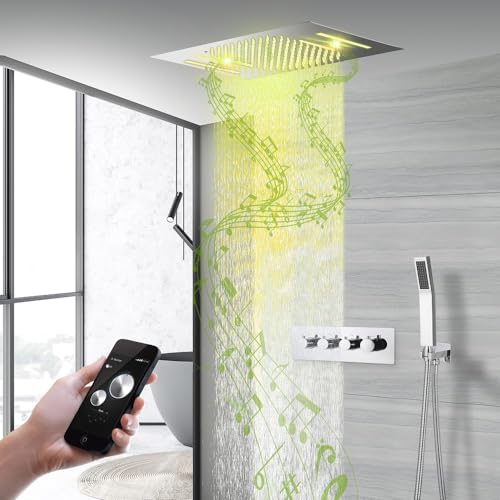 Sistema de Ducha Cascada Luxury 15” x 23” con Música, luces LED, altavoces Bluetooth integrados y control remoto con 64 colores (Color Oro Rosa)