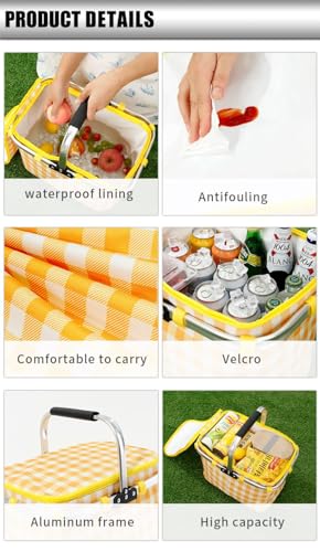 Image of Kuber Industries Picnic Basket With Lid | Market Storage With Aluminum Handles for Travel, Shopping | Check-Print Multi-Utility | 23 Ltr | JY2238-YEL | Yellow | (Pack of 6)