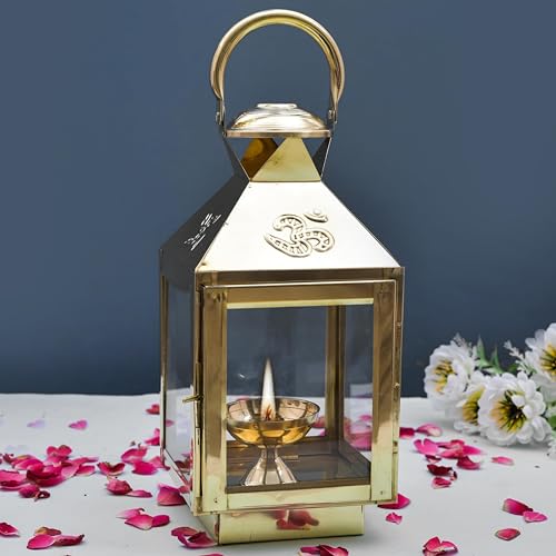Image of Handicraft Akhand Diya with Glass Cover Brass, Akhand Diya for Home Temple puja, Hanging Table Lantern for HomeDecor-Large