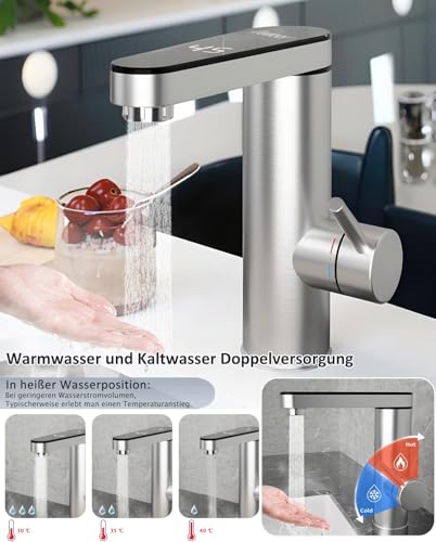 Edelstahl Warmwasserbereiter Hahn, elektrischer Wasserhahn mit Durchlauferhitzer mit digitaler Temperaturanzeige, 120 Grad Schwenkauslauf, elektrische Armaturen für Bad, Garten (Bildschirm Auslauf)