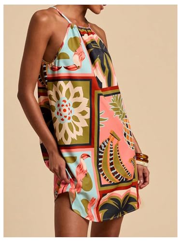 Image of SweatyRocks Women's Tropical Print Halter Dresses Sleeveless Holiday Summer Mini Dress