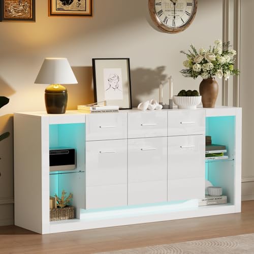 YEHTOKHOME Buffet Salon Blanc Brillant avec LED, Armoire de Rangement avec 3 Portes et 3 Tiroirs,...