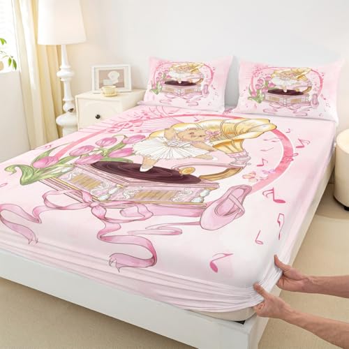 Ballerina Bear Kids Fitted Sheet Full Size,Record Player Music Note Ballet Shoe Bedding Set,Bowknot Bow Tie Princess Girls Boys Room Decor,Pink RomanticBed Sheet,2 Pillowcases(No Flat)