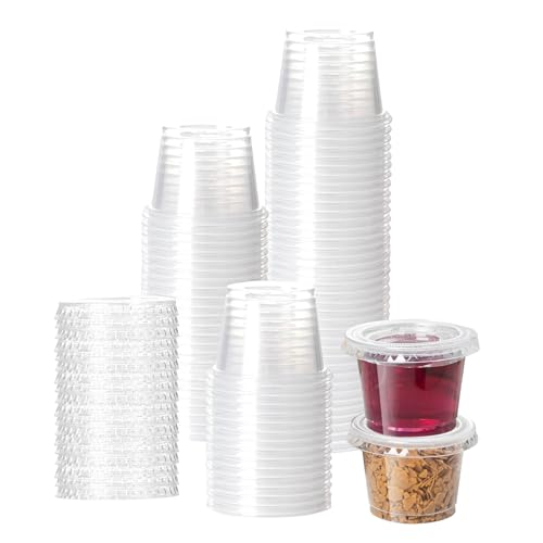 HOMIP 100Pack 1oz Disposable Plastic Portion Cups with Lids, Small Mini Sauce Cups for Portion Control, Salad Dressing Cups, Airtight and Stackable Condiment Cups for Party, Holiday and Daily Use