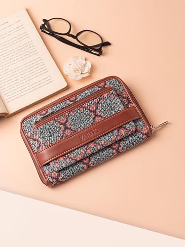 Image of ZOUK Women Kolkata Nouveau Motif Printed Handcrafted Classic Zipper Wallet Clutch Purse