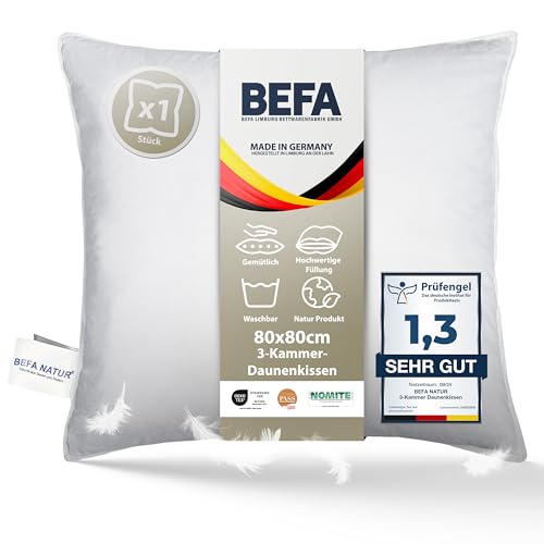 BEFA NATUR Fabricado en Alemania, almohada de 3 cámaras de 50 x 70 cm de 90 % plumón y 10 % plumas, apto para alérgicos (Nomite), certificado Öko-Text 100 clase 1, norma EN Standard 12934, Downpass
