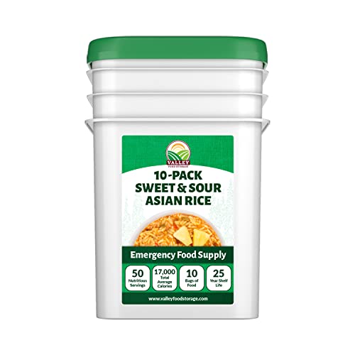 Image of Valley Food Storage Sweet & Sour Asian Rice | 10-Bag Bucket, 50 Servings | Gluten Free Premium Emergency Food Supply, 25 Year Shelf Life | Survival Meal Kits, Prepper Food & Off-Grid Living Supplies