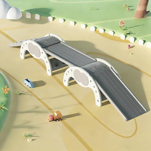 5 in 1 Kids Climbing Frame Set with Ramp Slider and Rocker, Montessori Toys Outdoor Climbing Frame, as Indoor Gym and Apparatus Playground Arch for Toddlers Children (Grey)