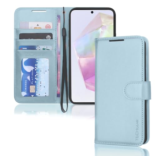 TECHGEAR Galaxy A35 5G Leather Wallet Case Flip Protective Case Cover [RFID BLOCKING] Wallet Card Holder Stand & Wrist Strap - Ice Blue PU Leather with Magnetic Closure For Samsung A35 5G / A35