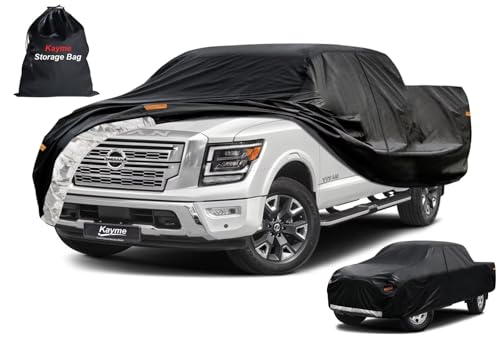 Image of Kayme Truck Cover Custom Fit Nissan Titan(2015-2025) Crew Cab Short Bed. Full Exterior Heavy Duty Outdoor Pickup Truck Car Cover Waterproof All Weather.Car Tarp for Wind Sun Dust Protection.Black