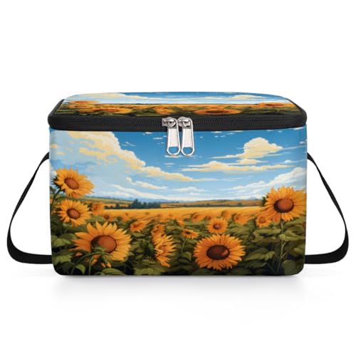 GzLeyigou Summer Sunflower Lunch Bags for Women Men 9 Cans, Hot & Cold Food Delivery Bag Insulated Grocery Bag Insulated Lunch Box Field with Cloud Cooler Bag for Office Work Picnic Beach