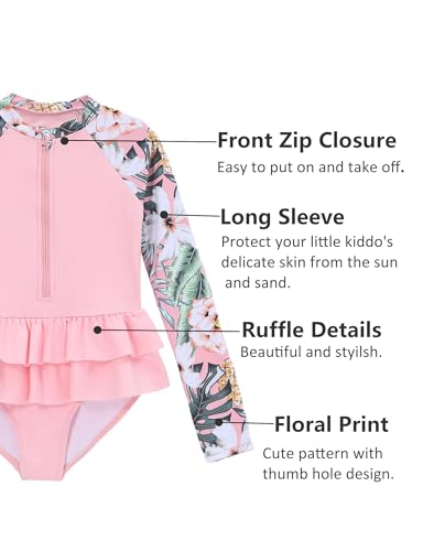 Girls Rash Guard Long Sleeve One Piece Swimsuits Zipper Bathing Suits UPF 50+ Swimwear 3-12Y3