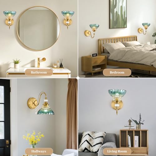 Image of 1 Piece Vintage Wall Sconce, 1-Light Brushed Gold Finish Wall Sconce with Hanging Crystal Accents and Flower-Shaped Teal Shades for Bathroom Bedroom Living Room,Vintage Vanity Light