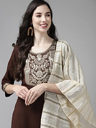 Image of INDO ERA Women's Cotton Blend Yoke Design Straight Kurta with Pant & Dupatta Set