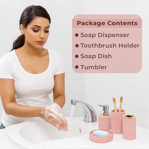 Image of Story@Home 4 Pieces Bathroom Accessories Set | Toothbrush Holder, Soap Dispenser, Mouth Wash Cup & Soap Dish for Home Kitchen & Bathroom | Bathroom Essentials for Office - Peach