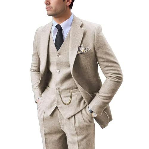 Men Suits Tweed Herringbone Blazer Slim Fit Tuxedos Casual Champagne Groom Blazer Prom Suit 3 Piece Jacket Vest Pants