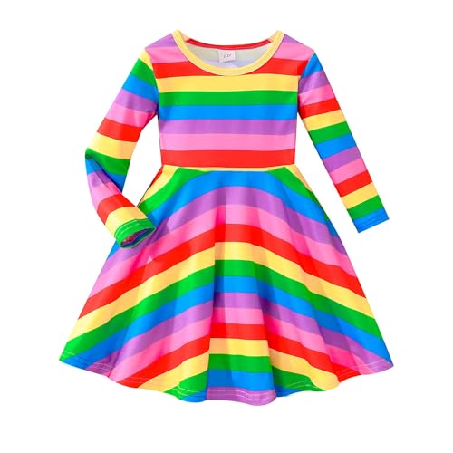 Image of Tkria Toddler Girls Rainbow Dress Striped Fall Dress Cartoon Colourful Long Sleeve Casual Dressy 2-7T