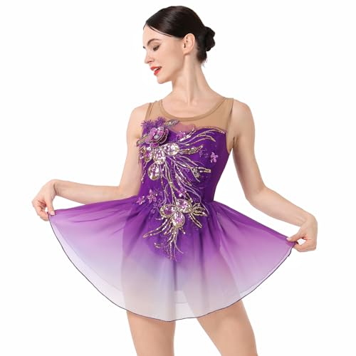 Figure Skating Dress for Women Ice Skating Costume Shiny Sequins Flower Dance Leotard Gradient Mesh See Through Chiffon Flowy Skirt Ballerina Gymnastics Competition Dancewear Purple M