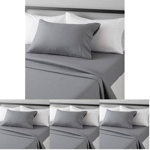 Image of Amazon Basics Lightweight Super Soft Easy Care Wrinkle-Free Breathable Brushed Microfiber 3-Piece Bed Sheet Set with 14-Inch Deep Pockets,Twin,Dark Gray,Solid,(Pack of 4)