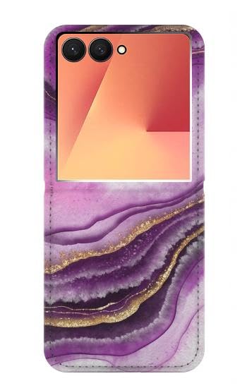 Étui pour Samsung Galaxy Z Flip 7 housse cuir clapet antichoc marbre violet motifs dorés